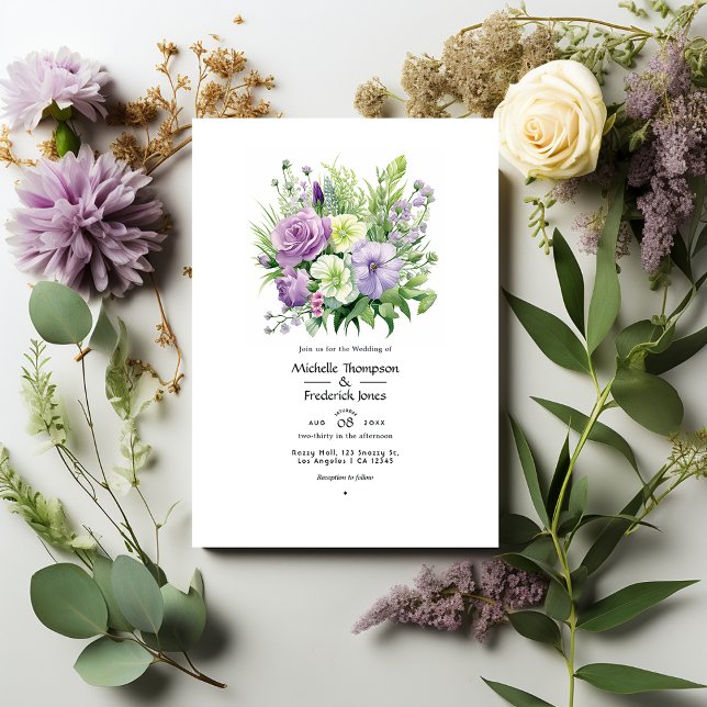 Invitación Boda de primavera floral verde con lavanda (Subido por el creador)