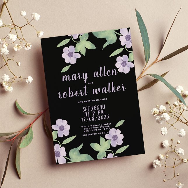 Invitación Boda de primavera floral verde lavanda rosa negro (Black pink lavender green floral spring wedding )
