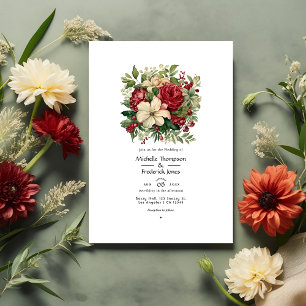 Invitación Boda de primavera floral verde y carmesí con crema