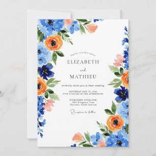 Invitación Boda de primavera floreciendo en naranja azul