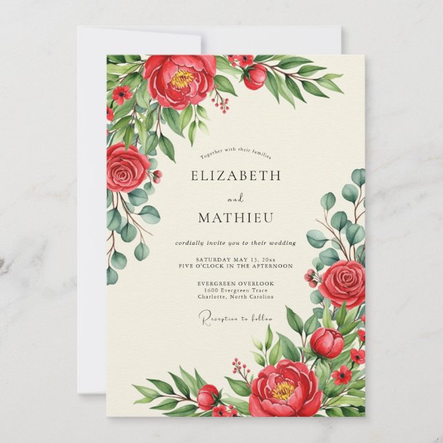 Invitación Boda de primavera floreciendo en rojo (Anverso)