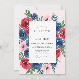 Invitación Boda de primavera floreciendo rubí azul marino