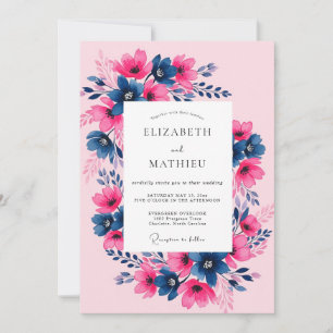 Invitación Boda de primavera fucsia navy pictórica