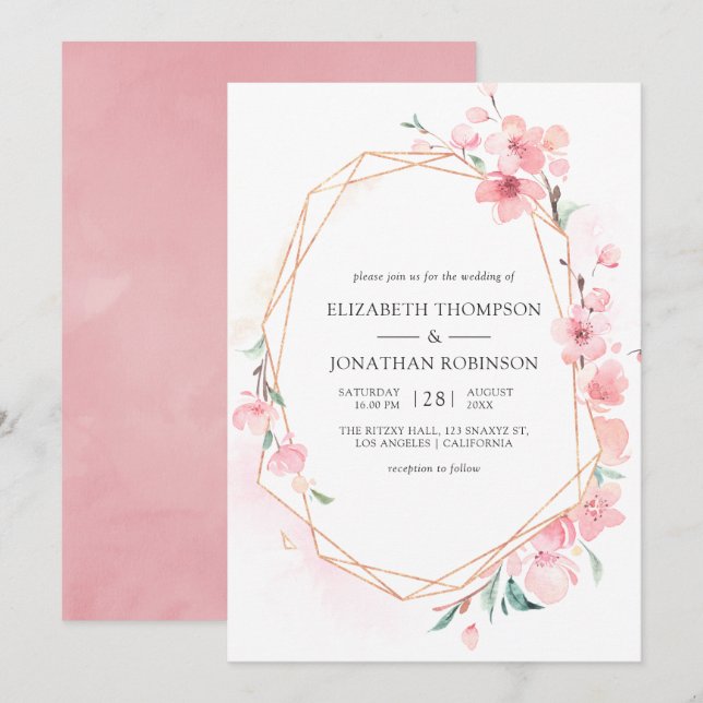 Invitación Boda de Primavera Geométrica con flores de cerezo  (Anverso / Reverso)