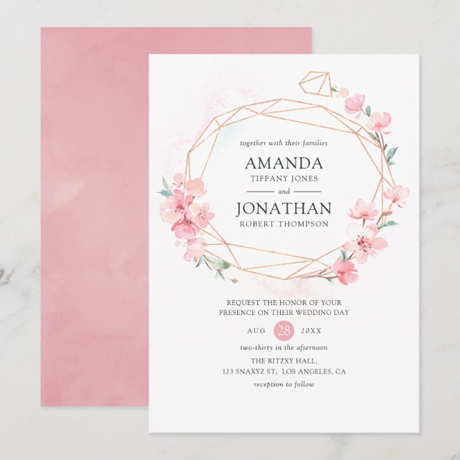 Invitación Boda de Primavera Geométrica con flores de cerezo  (Anverso / Reverso)