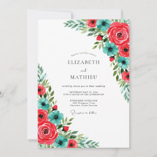 Invitación Boda de primavera gloriosa azul verdoso rojo