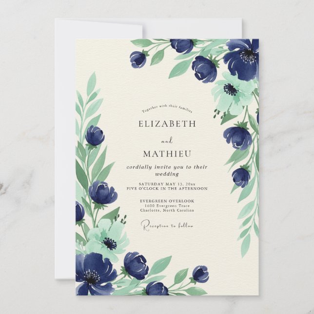 Invitación Boda de primavera grandiosa azul marino (Anverso)