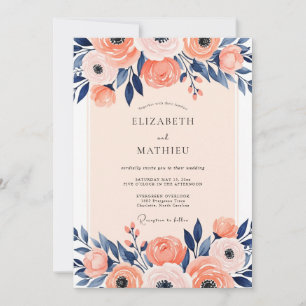 Invitación Boda de primavera ilustrativa en color naval meloc