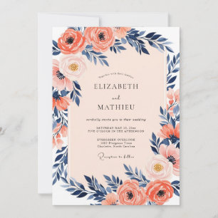 Invitación Boda de primavera índigo luminoso coral