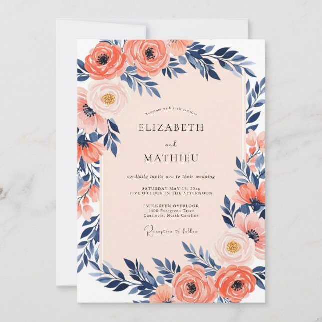 Invitación Boda de primavera índigo luminoso coral (Anverso)