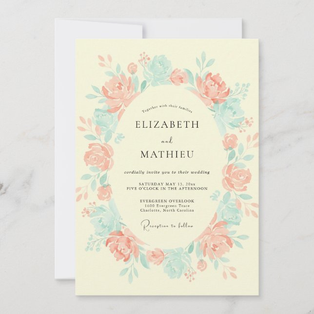 Invitación Boda de primavera inmaculada en melocotón y turque (Anverso)