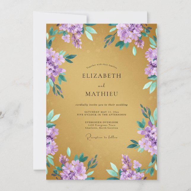 Invitación Boda de primavera lavanda regia dorada (Anverso)