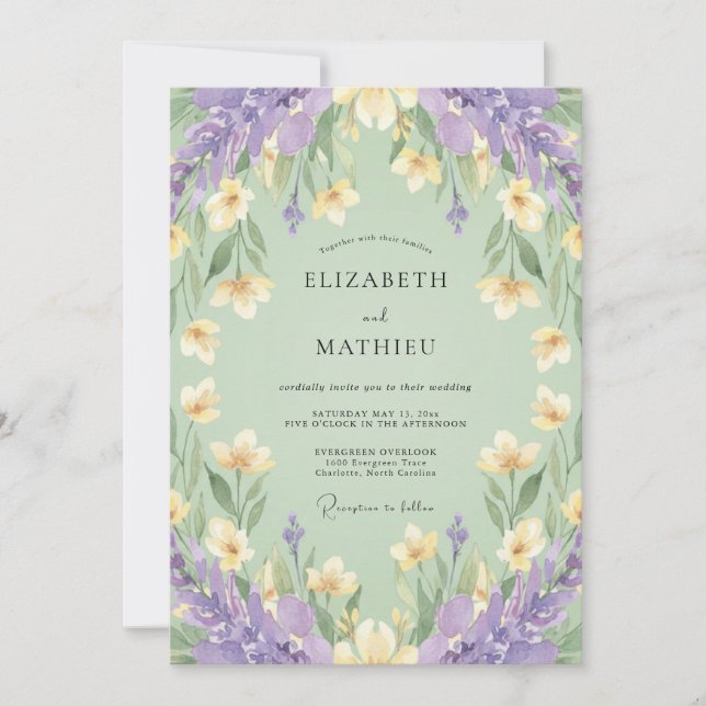 Invitación Boda de primavera lavanda verde salvia (Anverso)