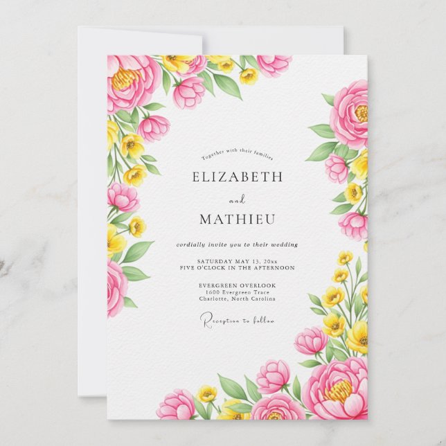 Invitación Boda de primavera luminosa amarilla y rosa (Anverso)
