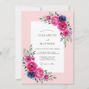 Invitación Boda de primavera luminosa fucsia naval