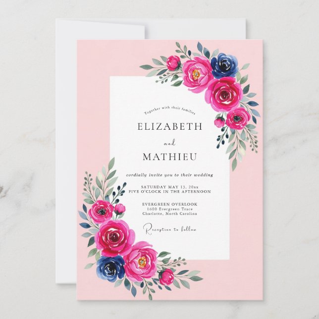 Invitación Boda de primavera luminosa fucsia naval (Anverso)
