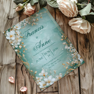 Invitación Boda de Primavera Mármol Floral Verde Teal Blanco