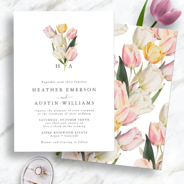 Invitación Boda de Primavera Monogramada (Elegant Watercolor Tulips Monogrammed Spring Wedding Invitation by Painted Paperie
)