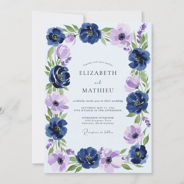 Invitación Boda de primavera opulenta azul marino (Anverso)