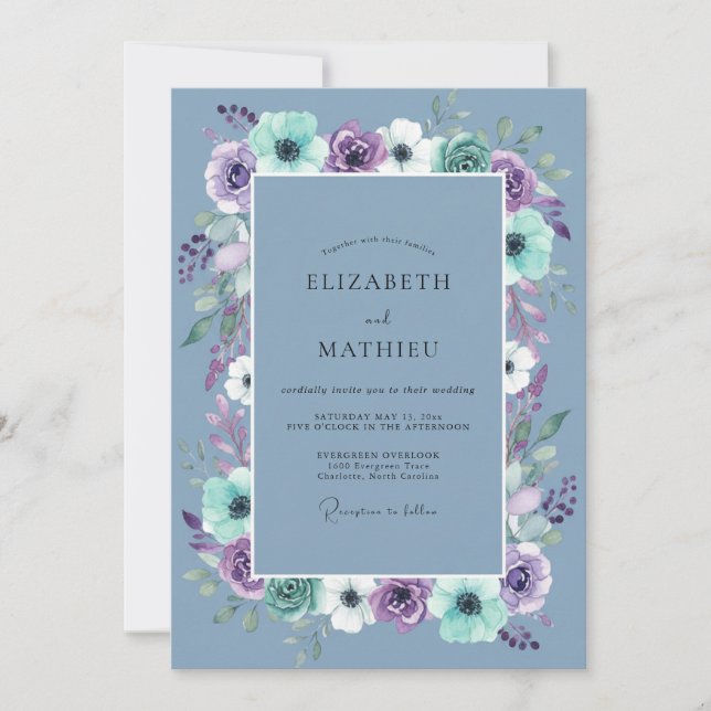 Invitación Boda de primavera ornamentada azul pizarra (Anverso)