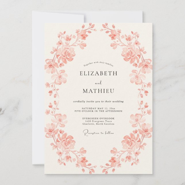 Invitación Boda de primavera ornamentada con melocotón (Anverso)
