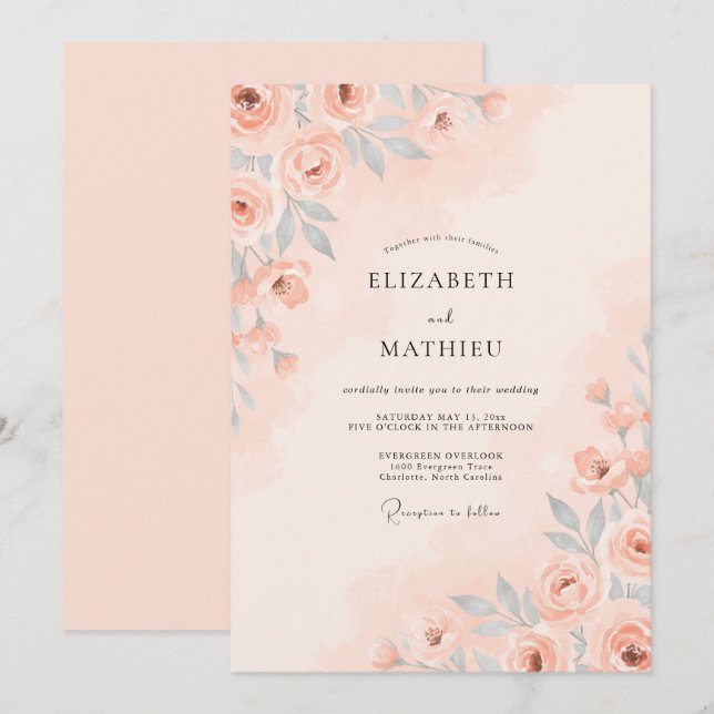 Invitación Boda de primavera pastel de melocotón (Anverso / Reverso)