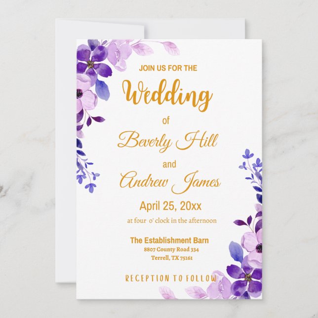 Invitación Boda de primavera personalizable en morado y dorad (Anverso)