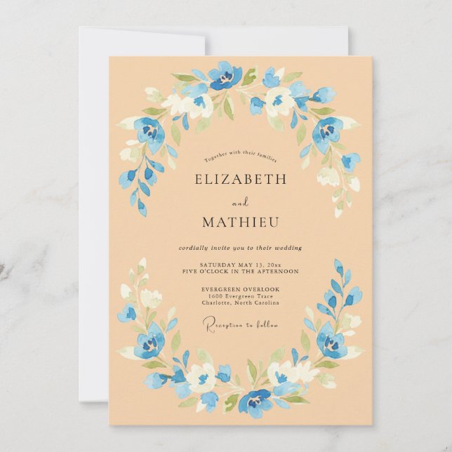 Invitación Boda de primavera radiante azul melocotón (Anverso)