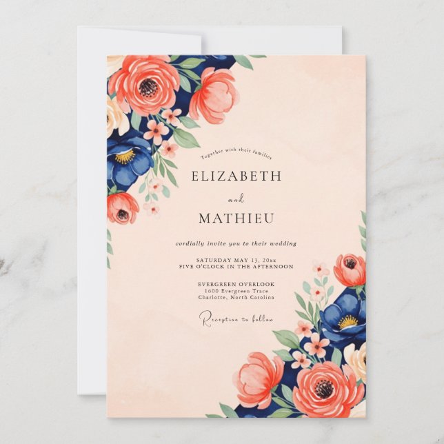 Invitación Boda de primavera radiante coral de la Marina (Anverso)