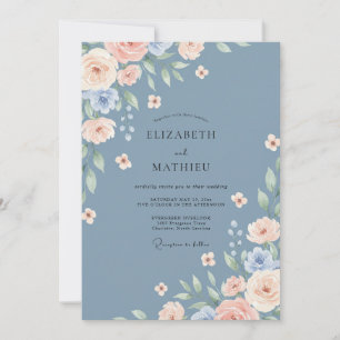 Invitación Boda de primavera refinada en azul acero