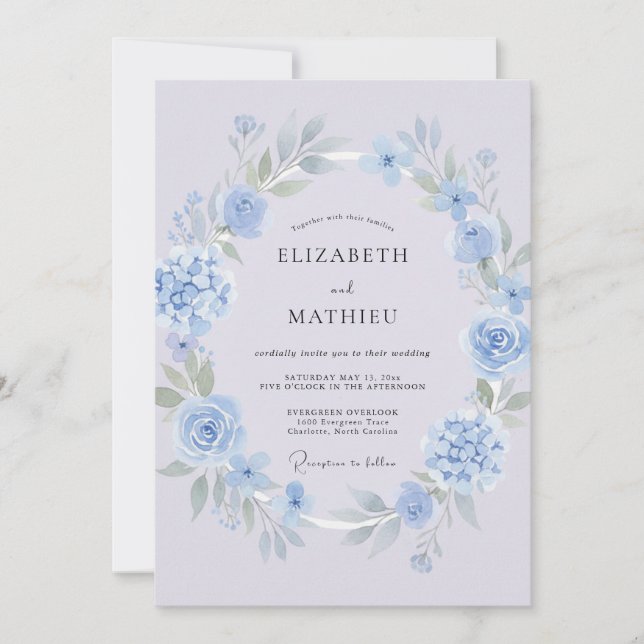 Invitación Boda de primavera refinada en azul pervinca (Anverso)