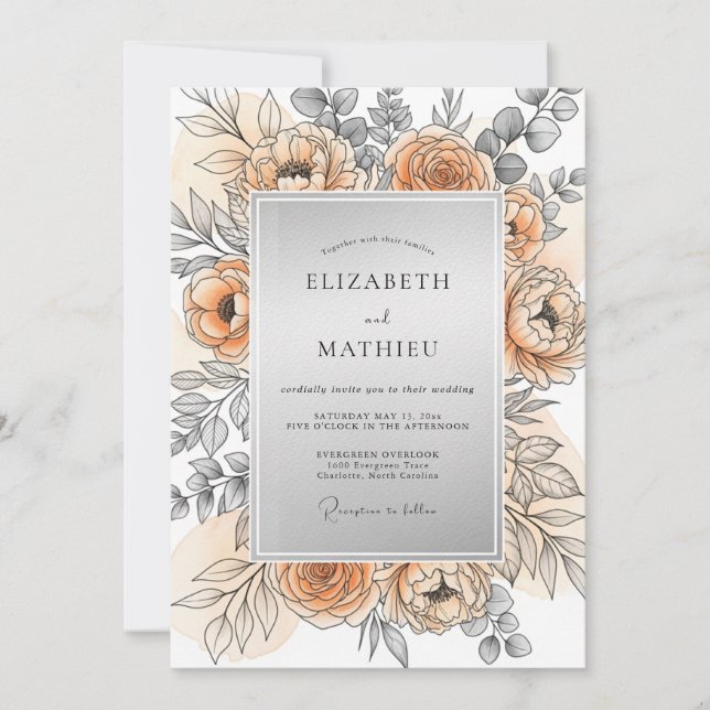 Invitación Boda de primavera refinada en plata y melocotón (Anverso)