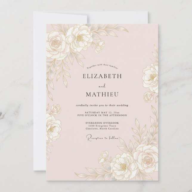 Invitación Boda de primavera refinada en rosa rubor (Anverso)