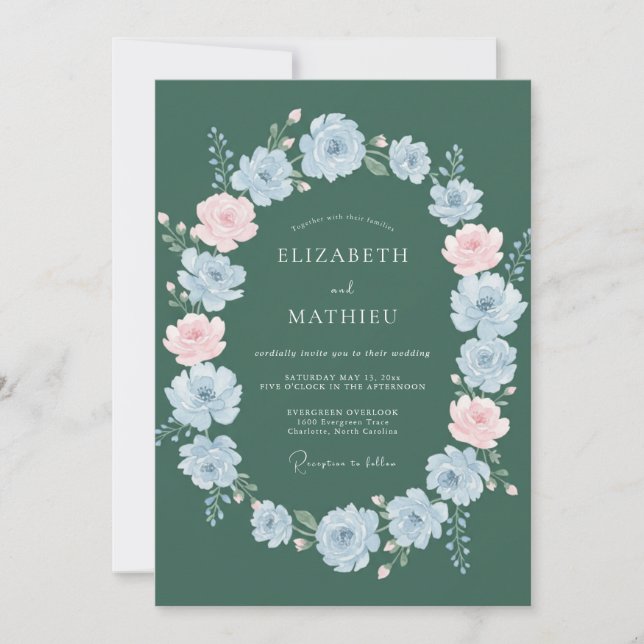 Invitación Boda de primavera refinada en verde cazador (Anverso)