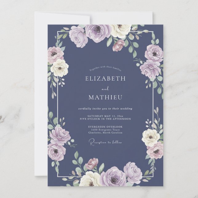 Invitación Boda de primavera resplandeciente en azul marino (Anverso)