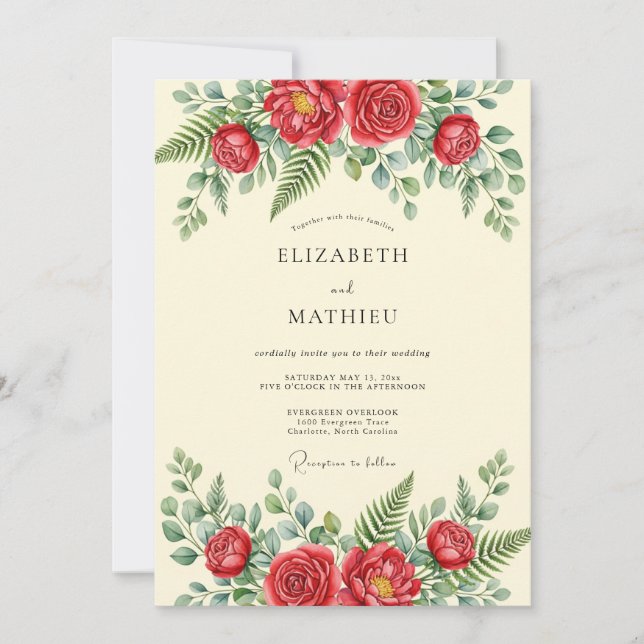 Invitación Boda de primavera roja y exuberante (Anverso)