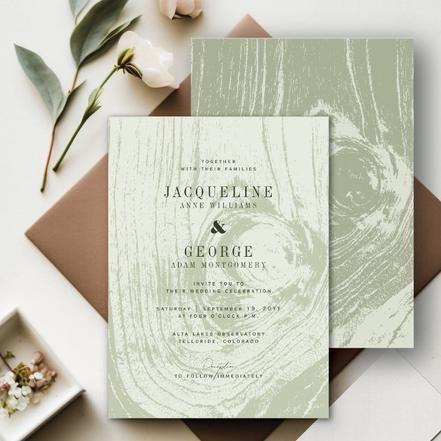 Invitación Boda de primavera rústica moderna clásica con veta (Classic Modern Rustic Moss Green Woodgrain Chic Spring Wedding Invitation @ fatfatin_blue_knot)
