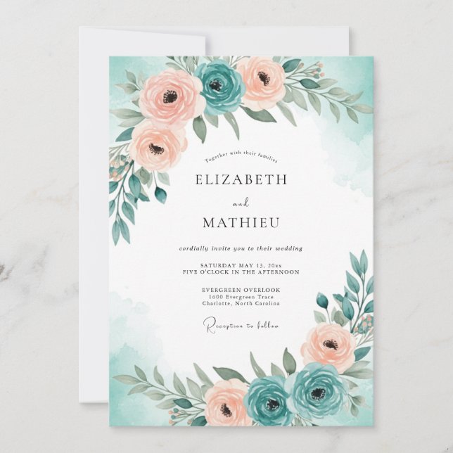 Invitación Boda de primavera serena azul turquesa (Anverso)