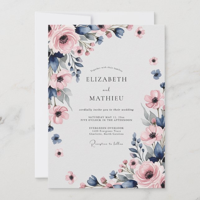 Invitación Boda de primavera sofisticada en azul marino y ros (Anverso)