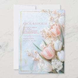 Invitación Boda de Primavera Tulipán Rosa Rubor Mármol Dorado