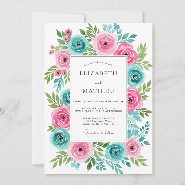 Invitación Boda de primavera turquesa rosa intenso (Anverso)