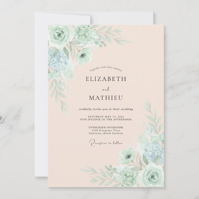 Invitación Boda de primavera verde espuma de mar (Anverso)