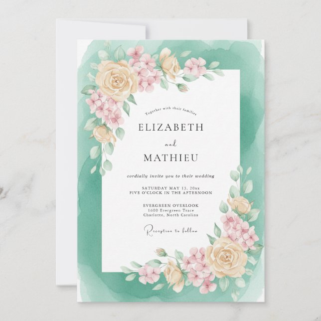 Invitación Boda de primavera verde espuma de mar lustrosa (Anverso)