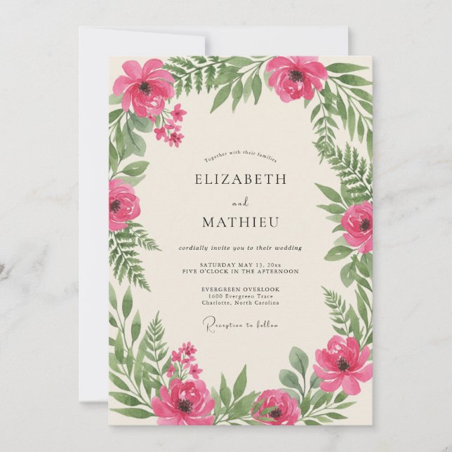 Invitación Boda de primavera verde rosa (Anverso)