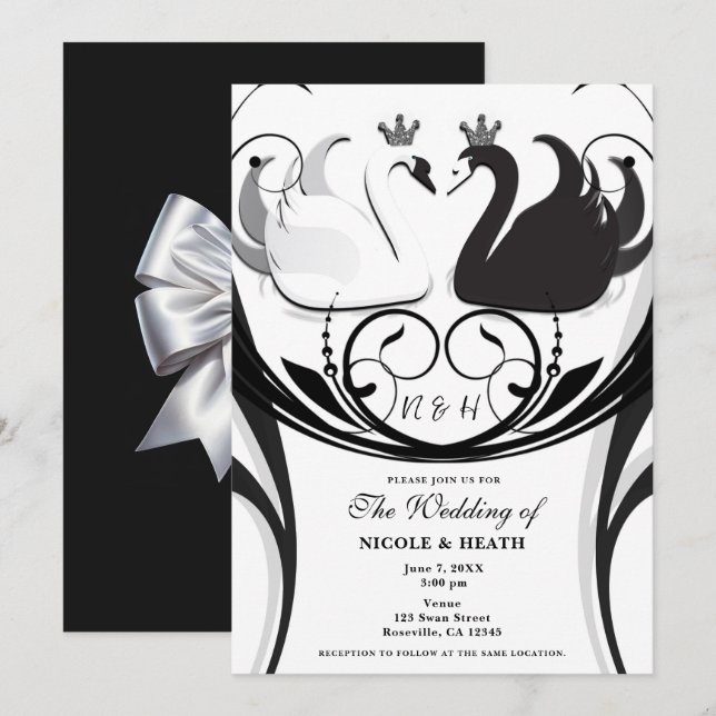 Invitación Boda de princesa cisne elegante en blanco y negro (Anverso / Reverso)