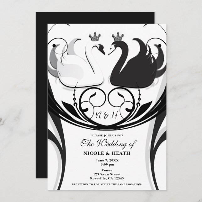 Invitación Boda de princesa de cisne negra y blanca elegante (Anverso / Reverso)