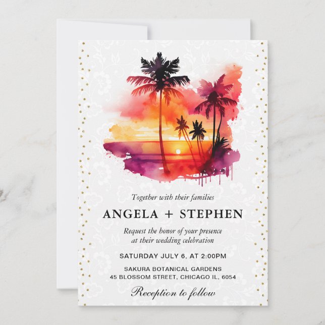 Invitación Boda de puesta de sol de isla tropical con acuarel (Anverso)