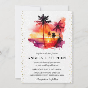 Invitación Boda de puesta de sol de isla tropical con acuarel