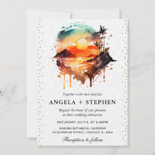 Invitación Boda de puesta de sol en isla tropical con acuarel