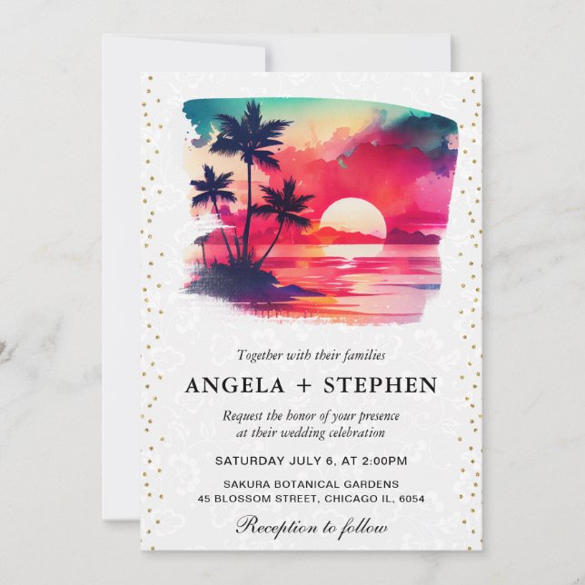 Invitación Boda de puesta de sol en isla tropical con acuarel (Anverso)